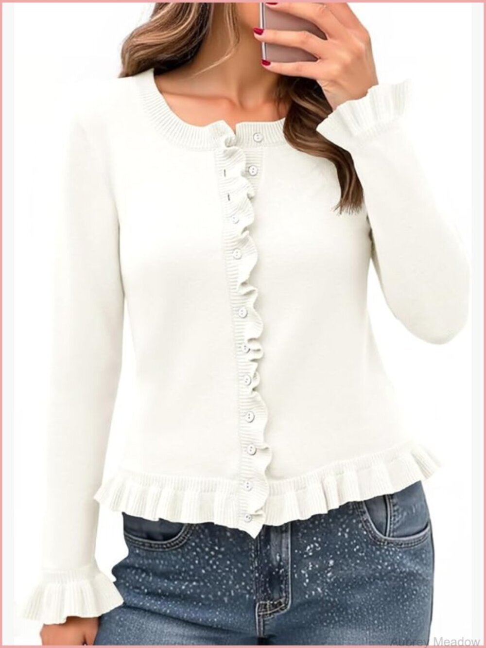Ruffle Cardigan Sweater Button Up Crew Neck Long Sleeve Cropped Cute Knit Top